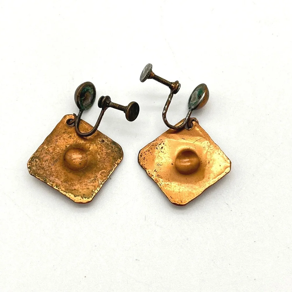 Vintage Copper Earrings Geometric Diamond‎ Shape Screw Back Patina Statement